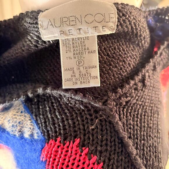 Lauren Cole vtg black blue pink abstract patchwork sweater with mohair Size M - Picture 7 of 7
